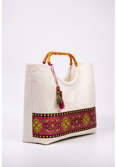 Fabric Craft Bag El Çantası Kanvas Etnik Dokuma Bordürlü Beyaz