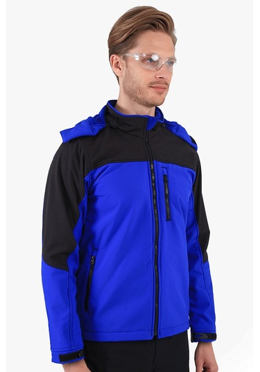 Çift Renkli Kapüşonlu Softshell Mont Saks Mavi - Siyah