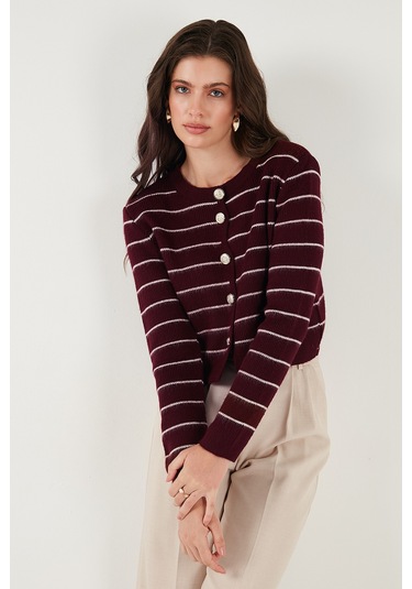 Lela Standart Fit Çizgili Yumuşak Dokulu Crop Triko Bayan Hırka 4615551 Bordo