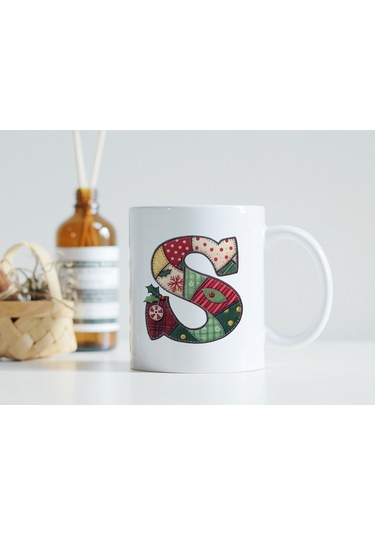 S Harfi Yılbaşı Temalı Kupa Bardak - Yeni Yıl Konsept Yamalı Efekt Tasarım - Noel Hediye Beyaz