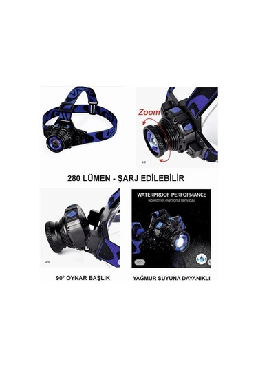Focus Kafa Lambası 280 Lümen Şarjlı Su Geçirmez Zoomlu Siyah