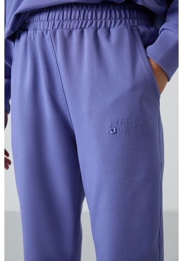 Tommy Life Eflatun Basic Pamuklu O Yaka Oversize Lastik Paça Kadın Eşofman Takım - 95287 Mor