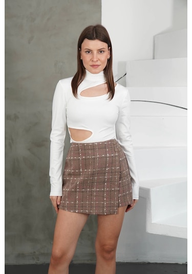 Defymoda İki Düğmeli Şort Etek Vizon H26414 Vizon