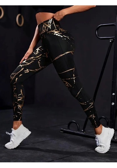 Modasize Kadın Yüksek Bel Desenli Spor Tayt SiYAH