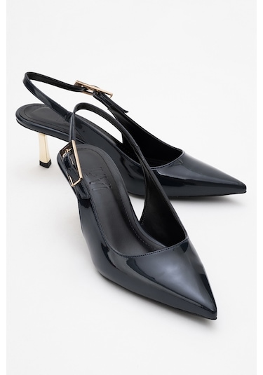 Arty Lacivert Rugan Tokalı Sivri Burun Arkası Açık Kadın İnce Topuklu Ayakkabı Lacivert