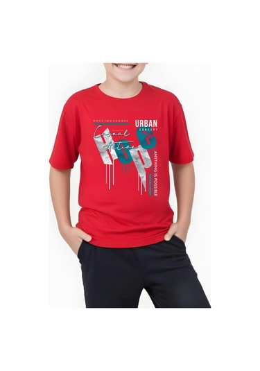 Hope Baskılı Erkek Çocuk Yuvarlak Yaka Kısa Kollu T-shirt Kırmızı