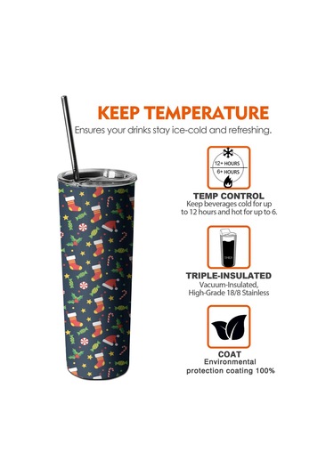 20oz Noel Desenli Paslanmaz Çelik Termos, Kapak Ve Pipetli, Çift Katlı Noel Çorap Şeker