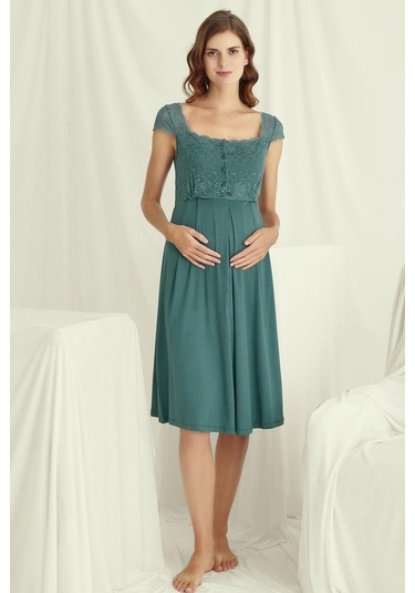 Monamise 18536 Hamile Lohusa Kalın Askılı Dantelli Gecelik-yeşil