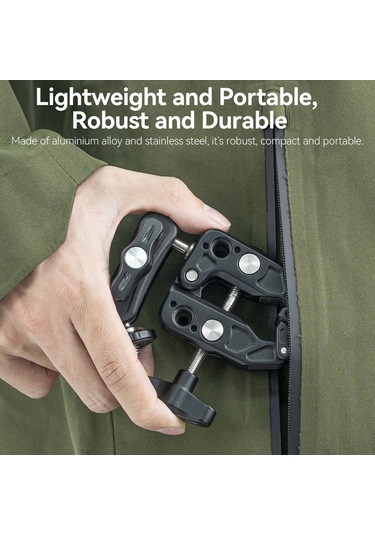 Ranyeek Alüminyum Çift Toplu 360 Döner Kancalı Tutucu - 2kg Yük, 11-65mm Mesafe, 1/4" & 3/8" Vida - Telefon, Spor Kamera, Monitör Uyumlu