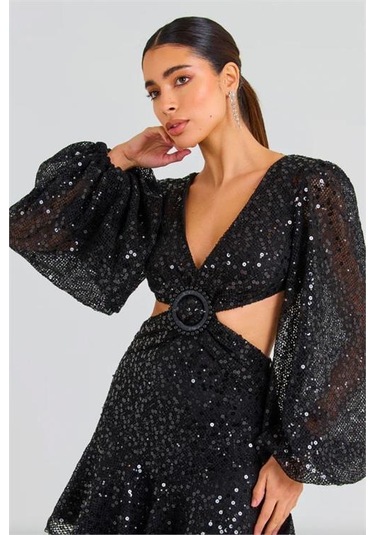 Kadın İthal Payet Kumaş Toka Detaylı Abiye Elbise Dpnbemp2584 Siyah