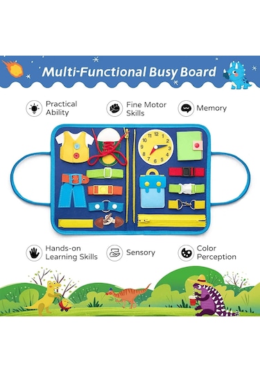 Montessori Keçe Eğitim Çantası Busy Board- Mavi Dinazor 8 Sayfa
