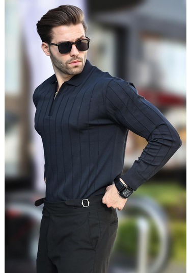 Madmext Lacivert Polo Yaka Fermuarlı Örme Kazak 7242-lacivert Lacivert