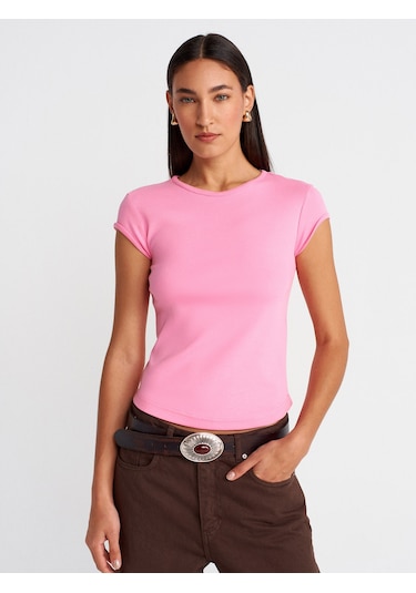 Dilvin 31779 Bisiklet Yaka Basic T-shirt-pembe Pembe