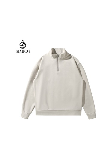 Balıkçı Yaka Yarım Fermuarlı Bol Günlük Erkek Sweatshirt'ü Beyaz
