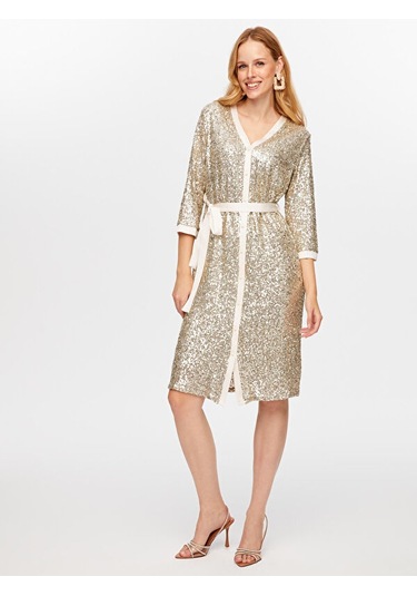 Payet İşli V Yaka 3/4 Kol Abiye Gömlek Elbise W26aby009 Uw26aby00934 Bej