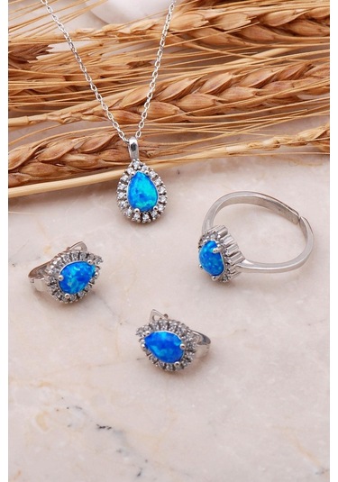 Opal Taşlı Damla Gümüş Üçlü Set 2421 528850015