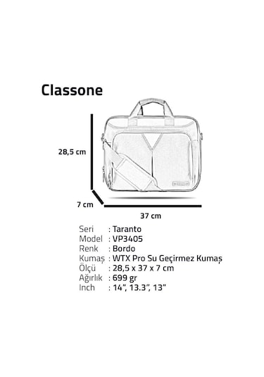 Classone Taranto Vp3405 14" Notebook -Laptop El Çantası-Bordo