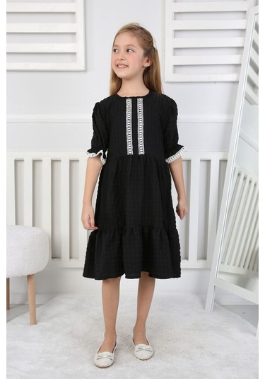 Gofre Kumaş Kız Çocuk Elbise Ekru - Sarı