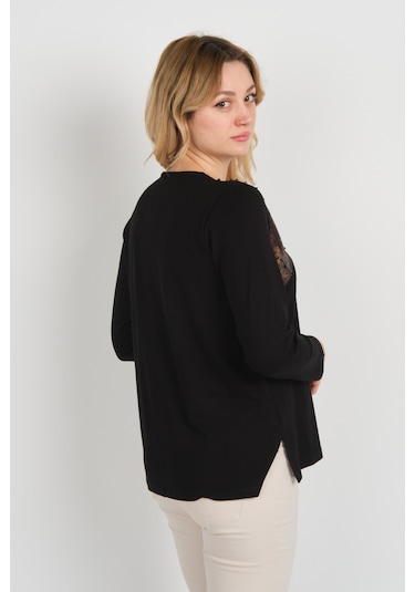Detay Triko Kadın Boncuk İşlemeli Parlak Desenli Uzun Kol Anne Bluz 5744 Siyah Siyah