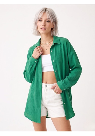 Know Kadın Yeşil Oversize Krinkıl Kumaş Gömlek