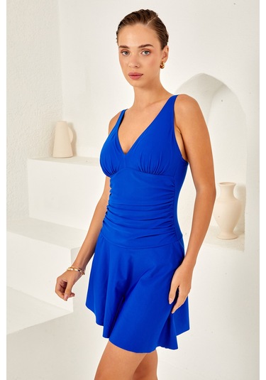 Uv Korumalı V Yaka Elbise Mayo Etekli Mayo Yüzücü Mayo 4153 Saks Saks Mavi