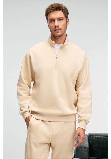 BAXTER Erkek Dik Yakalı Fermuarlı Relaxed Vanilya Sweatshirt