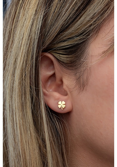 Nereze 925 Ayar Gümüş Minimal Gold Kaplama Yonca Küpe