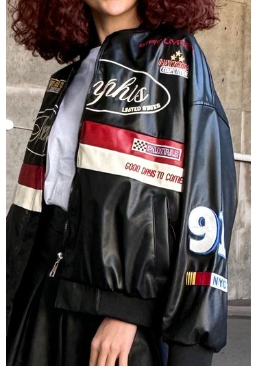 Bigdart 0698 Baskılı Suni Deri Bomber Ceket - Siyah 001