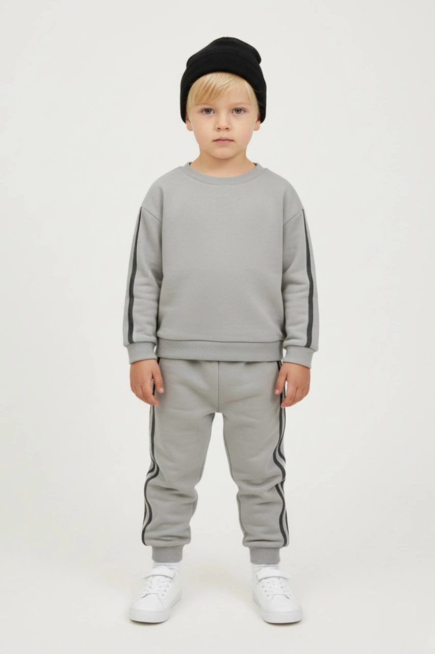 Erkek Çocuk Şeritli 3 İplik Gri Alt Üst Takım Gri - Siyah