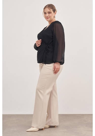 Astarlı Bağlama Detaylı Şifon Bluz-1760 Siyah