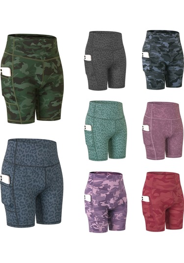 Teltree Kadın Yüksek Bel Spor Şortu, Orta Yeşil Kamuflaj Desenli, İki Taraflı Cep, Yüksek Esneklikli, Hızlı Kuruyan, Koşu Ve Yoga İçin Haki