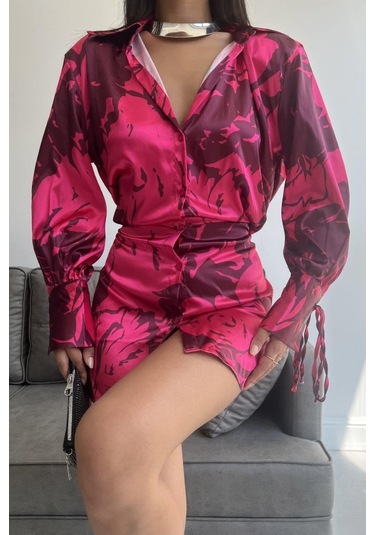 Vatkalı Manşet Detaylı Gömlek Elbise - Fuşya Fuşya