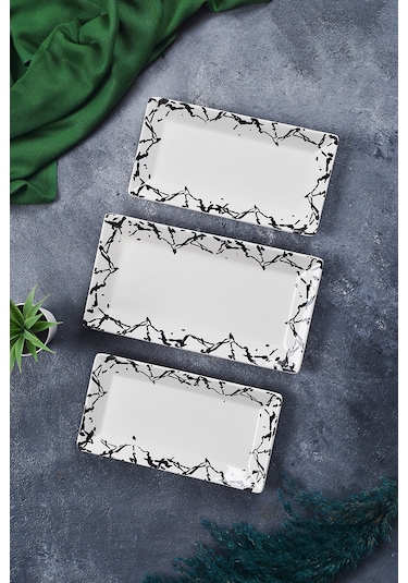 Piatti Naturali 3 Lü Mermer Seramik Kahvaltı Salata Çerezlik Seti Kayık Tabak