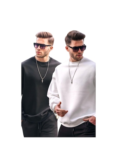 Madmext Siyah/beyaz Bisiklet Yaka Oversize Şardonlu Basic Erkek 2'li Paket Sweatshirt E7447 Siyah/beyaz