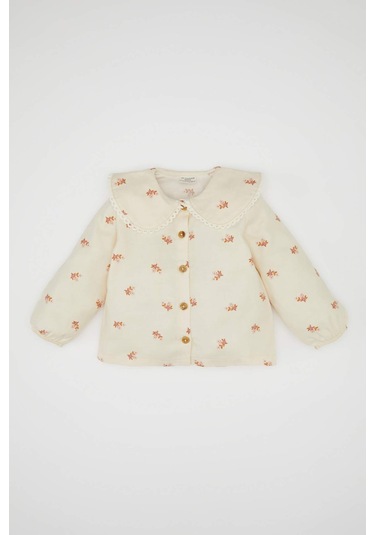 DeFacto Kız Bebek Büyük Yaka Çiçek Desenli Düğmeli Twill Uzun Kollu Gömlek D5585A524WNER42 Ekru