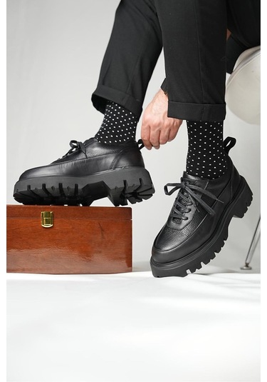 Shoetyle - Siyah Hakiki Deri Bağcıklı Erkek Günlük Ayakkabı 115-k534-1325 Siyah