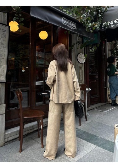 Süet Gömlek Palazzo Pantolon İkili Takım - Bej Bej