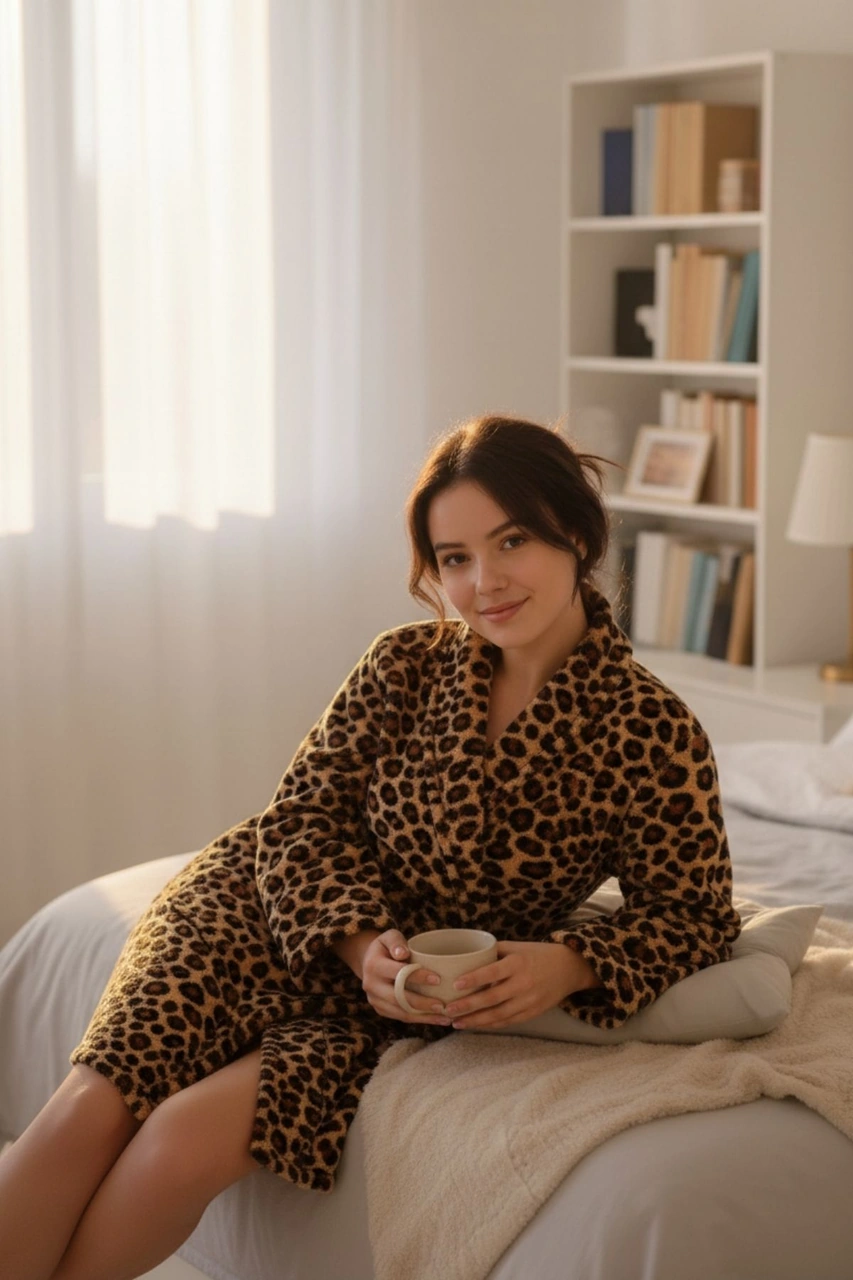 Lumor Şal Yaka Wellsoft Peluş Yumuşak Sabahlık Leopar Leopar