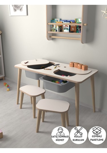 Çocuk Oyun Ve Aktivite Masası - 2 Tabure - Gri Sepetli Beyaz-gri Beyaz - Gri