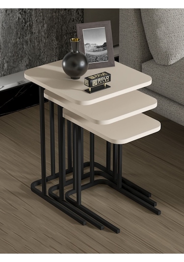 Zigon Sehpa Metal Ayak 3'lü Koltuk Yan Sehpa Zino Krem Bej