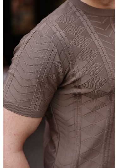 Açık Kahverengi Bisiklet Yaka Slim Fit Triko Erkek Tişört E7466