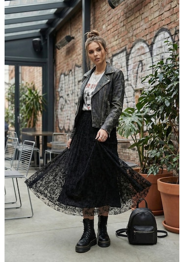 Sayzen Your Shine Çiçek Desenli Flog Etek Sy-2602 Siyah