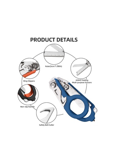 Hfambition Mavi Çok Fonksiyonlu Folding Makas - Dış Mekan Kamp Araçları, Cam Kırıcı, Şişe Açıcı, Ölçü Çizgili Dayanıklı Gereç