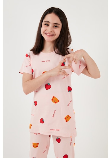 Lela % 100 Pamuk Bisiklet Yaka Kısa Kollu Kız Çocuk Pijama Takımı 6651002 Pembe