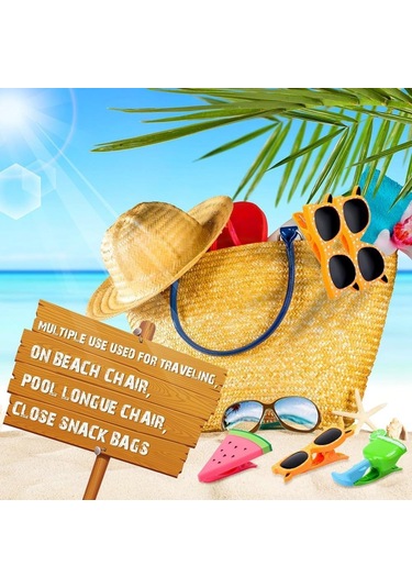 Xindoker 8 Adet Renkli Plastik Plaj Havlusu Klipsi - G&uuml Neş G&ouml Zl&uuml Ğ&uuml Turuncu, Meyve Suyu Bardağı Yeşil, Dondurma Ve Karpuz Desenli