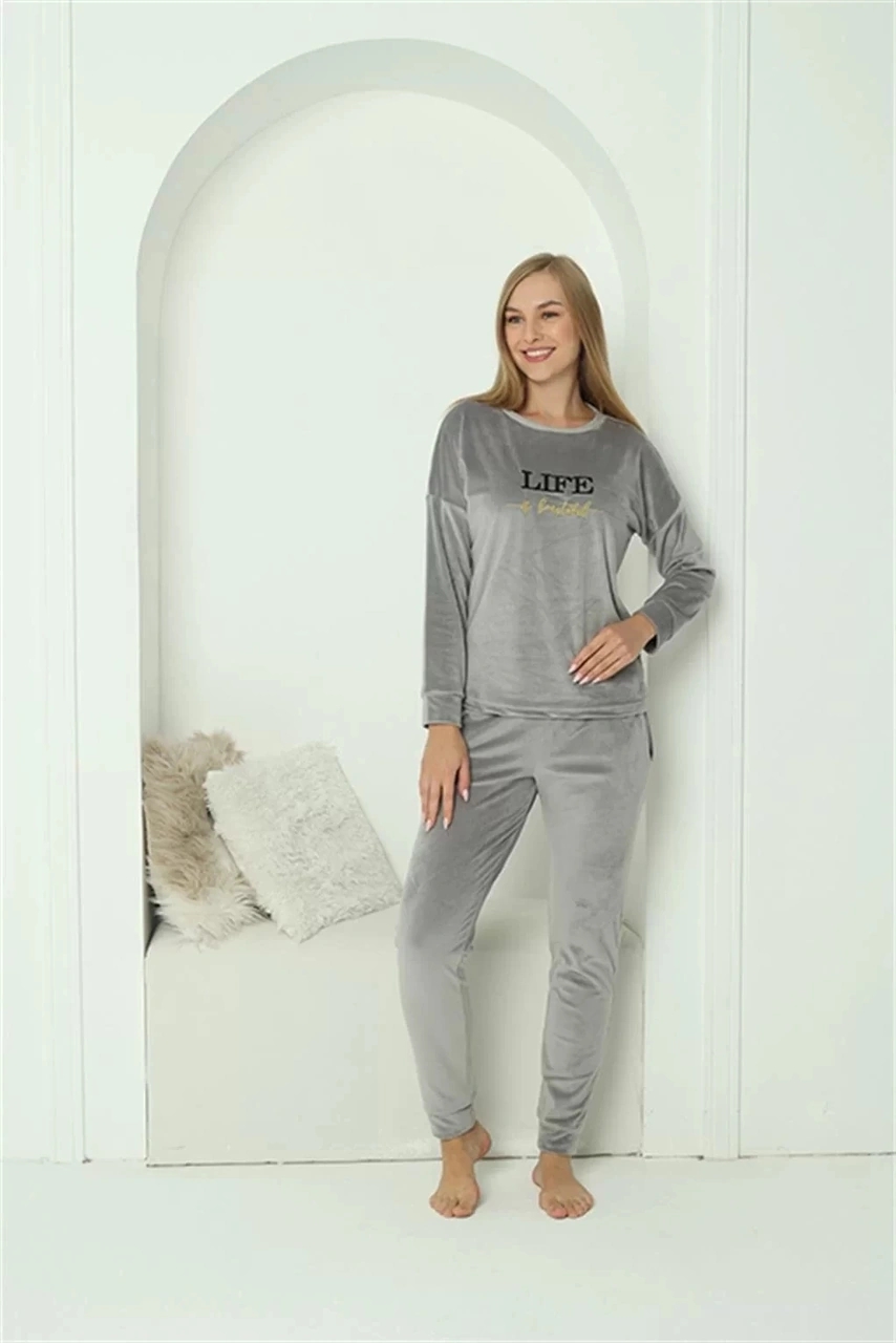 Moda Kadın Kadife Gri Pijama Takım Gri