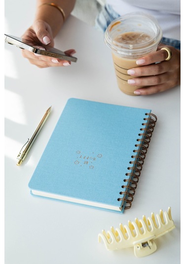 A5 Spiralli Sert Kapak Keten Kareli Tarihsiz Not Defteri Mavi Mavi