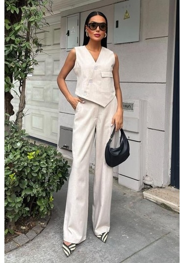 Yeleği Çapraz Detay Düğmeli Cepli Yelekli Takım 10150 Altın