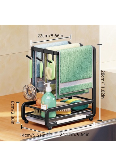 Jms Mutfak Lavabo Caddy Organizatör Karbon Çelik Duvara Monte Tezgah Havlu Rafları Sünger Tutucu Siyah