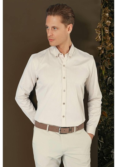 Efor Gk 711 Slim Fit Bej Klasik Gömlek Bej
